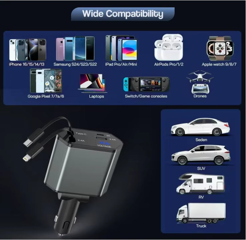 4 in 1 120W Car Charger Retractable Car Cigarette Lighter Adapter USB Type C Fast Charger Cable for Iphone Xiaomi Huawei Samsung