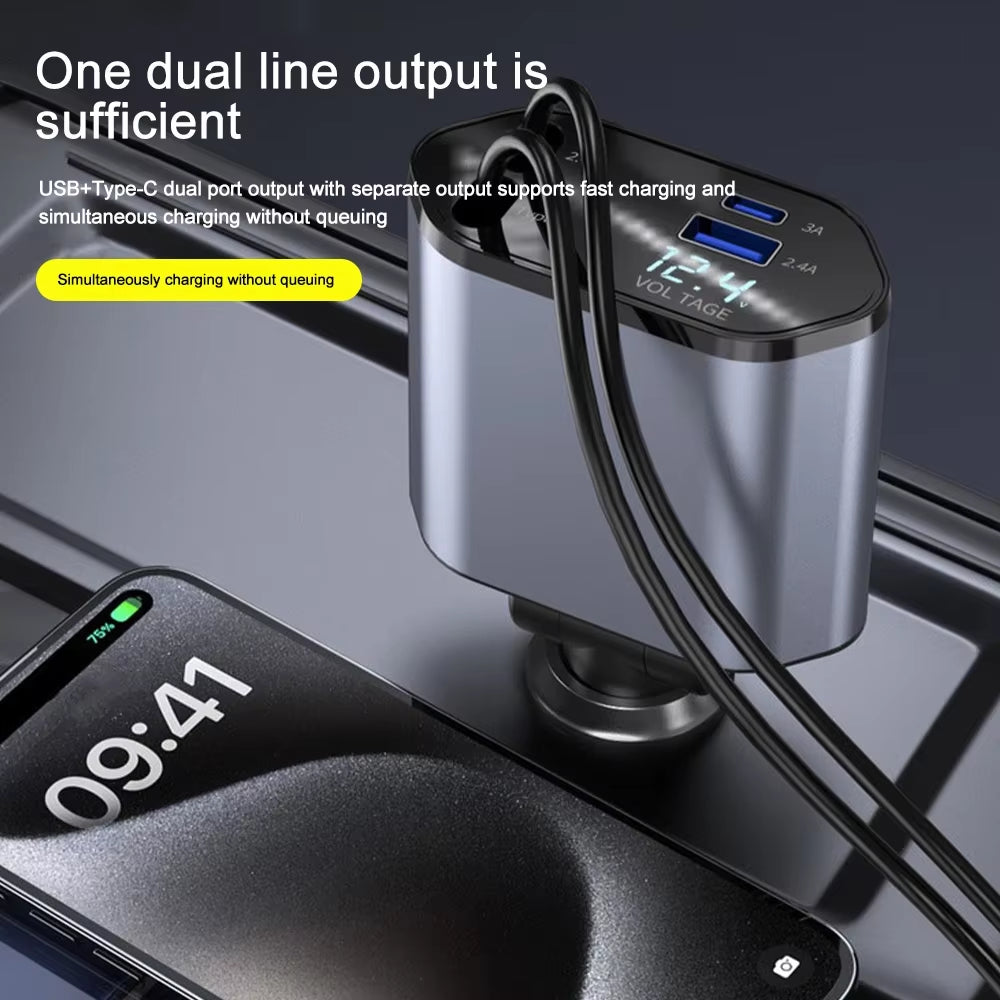 4 in 1 120W Car Charger Retractable Car Cigarette Lighter Adapter USB Type C Fast Charger Cable for Iphone Xiaomi Huawei Samsung