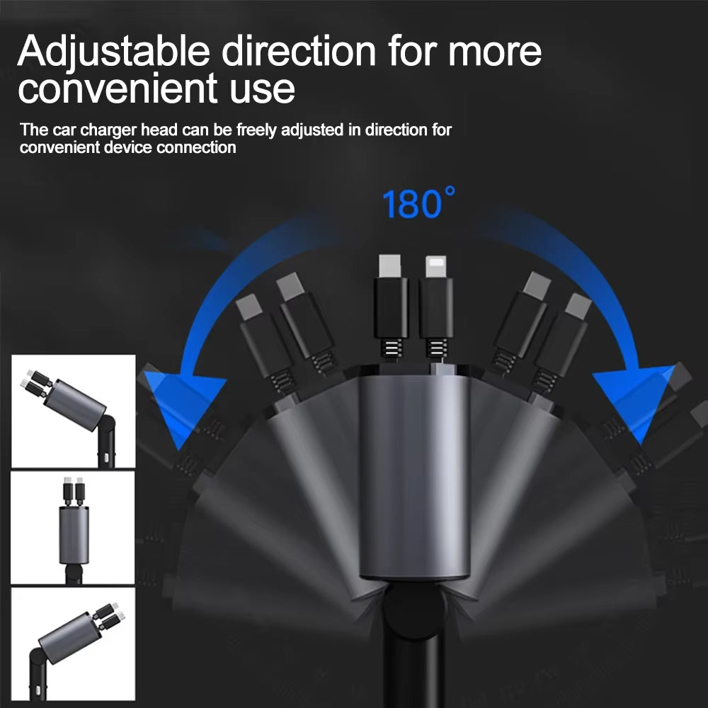 4 in 1 120W Car Charger Retractable Car Cigarette Lighter Adapter USB Type C Fast Charger Cable for Iphone Xiaomi Huawei Samsung