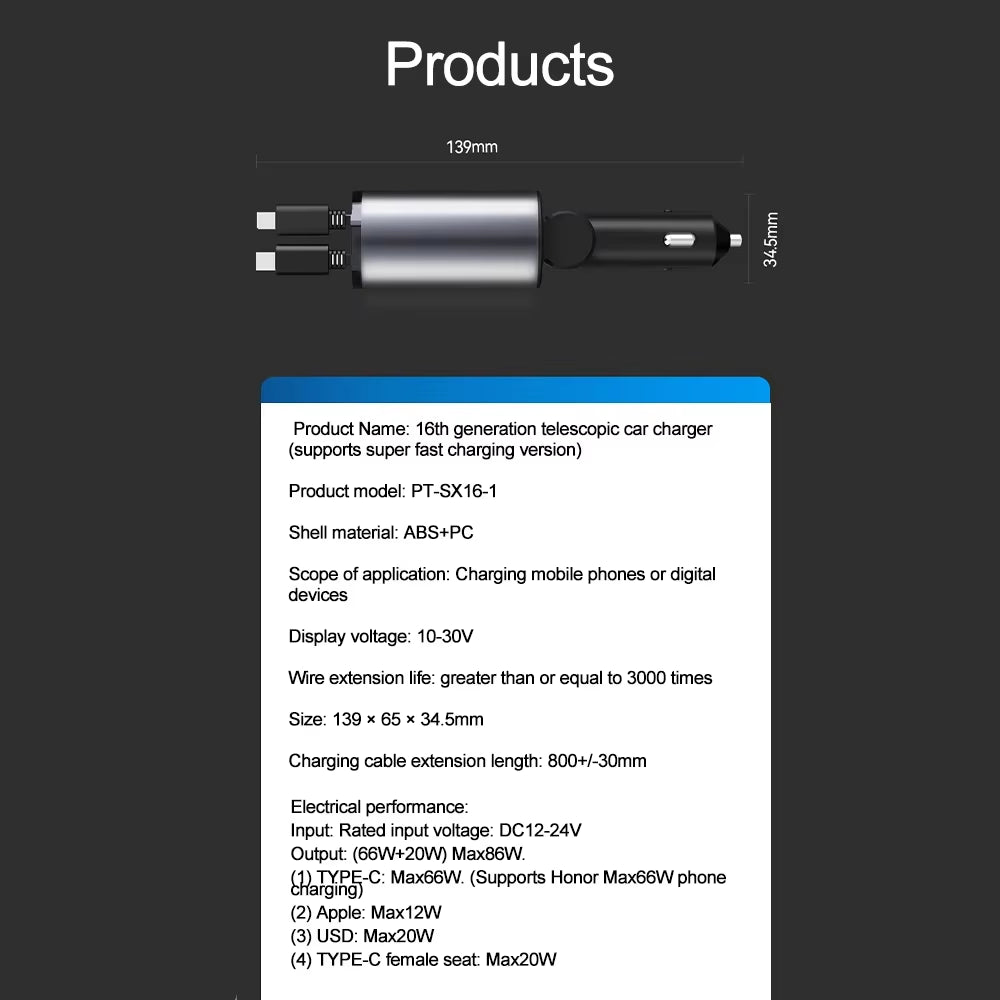 4 in 1 120W Car Charger Retractable Car Cigarette Lighter Adapter USB Type C Fast Charger Cable for Iphone Xiaomi Huawei Samsung