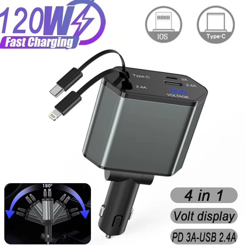 4 in 1 120W Car Charger Retractable Car Cigarette Lighter Adapter USB Type C Fast Charger Cable for Iphone Xiaomi Huawei Samsung