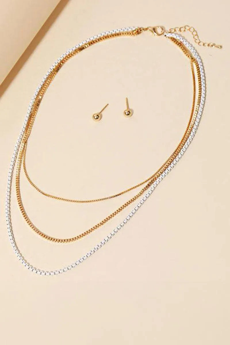 Layered Chain Necklace Small Ball Earring Set