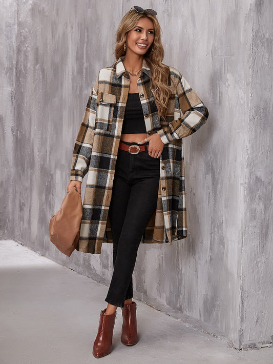 SHEIN LUNE Plaid Flap Pocket Drop Shoulder Coat