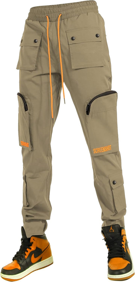 Mens Hip Hop Premium Multifunctional Utility Nylon Cargo Pants - Crisp Shell Fabric 3D Pockets Tapered Fit Bottoms