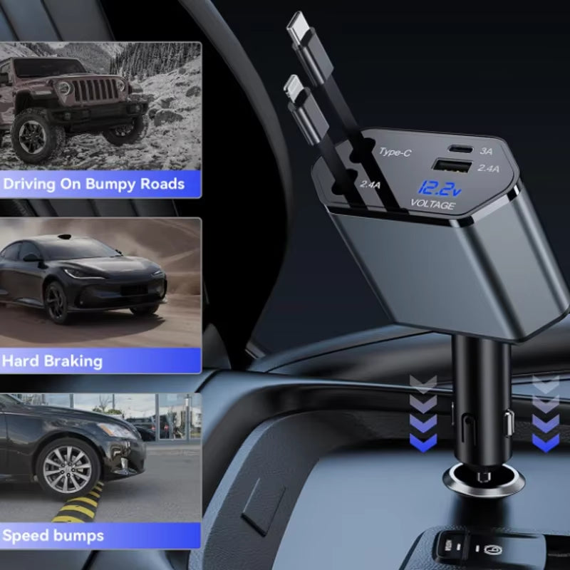 4 in 1 120W Car Charger Retractable Car Cigarette Lighter Adapter USB Type C Fast Charger Cable for Iphone Xiaomi Huawei Samsung