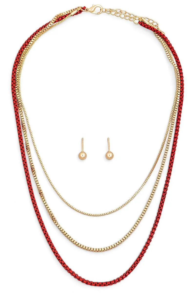 Layered Chain Necklace Small Ball Earring Set